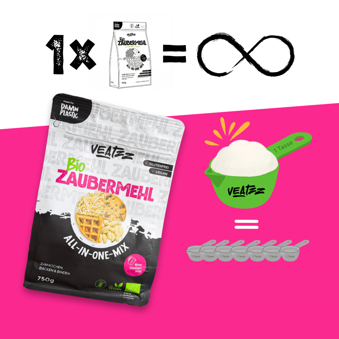 VEATZZ steht für eine neue Art des Backens und Kochens. Mit dem VEATZZ Zaubermehl bieten wir einen innovativen, glutenfreien, veganen und biologischen All-in-One Mehlmix, der klassisches Mehl, Eier und Milch in einem einzigen Produkt ersetzt. Entwickelt für alle, die sich bewusst ernähren möchten oder müssen, ermöglicht VEATZZ einfaches, schnelles und gelingsicheres Kochen und Backen – ganz ohne Gluten, ohne tierische Produkte und ohne künstliche Zusatzstoffe.